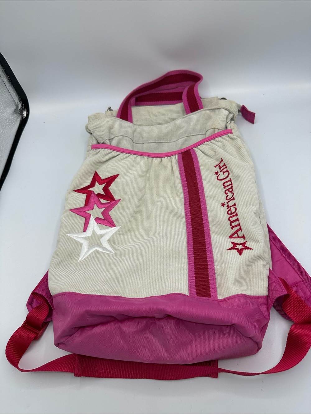 American Girl 18” Doll Carrier Backpack Greige Corduroy Pink Stars